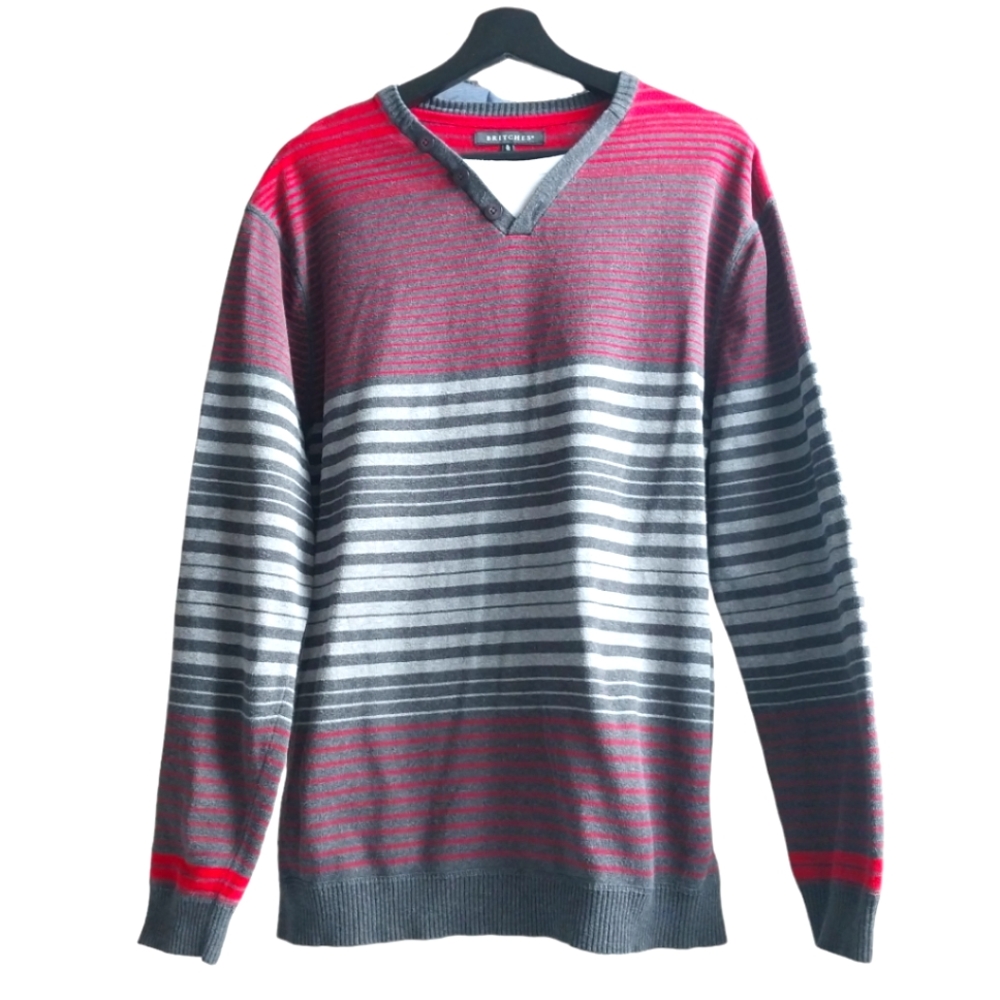 Britches Men's Striped V-neck Red Black Grey Sweater 100%cotton
